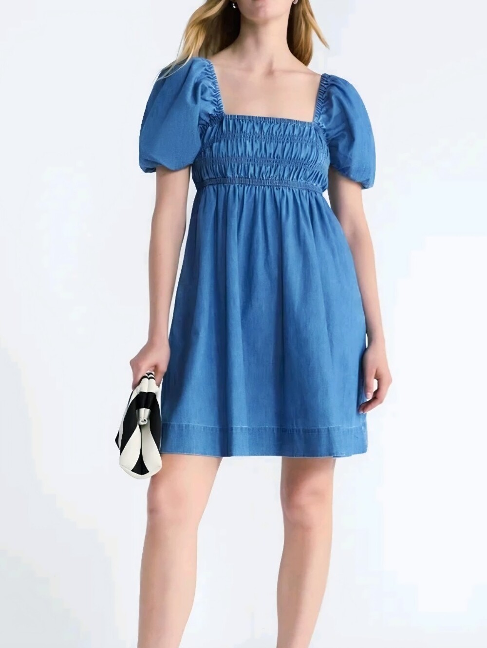 New Free Assembly Women's Smocked Cotton Puff Sleeve Peasant Mini Dress, S L XXL